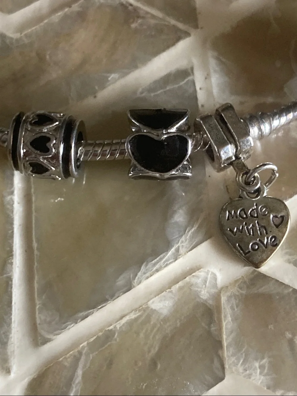 Pandora Moments snake chain barrel clasp bracelet w/6 charms